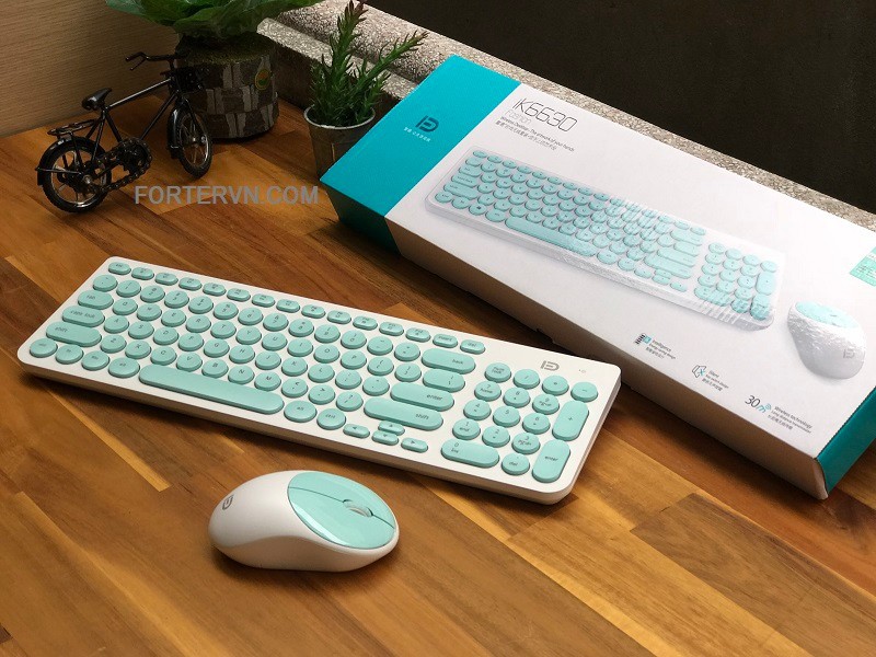 Bộ bàn phím chuột không dây Chính Hãng FORTER IK6630, Màu Xanh-Trắng