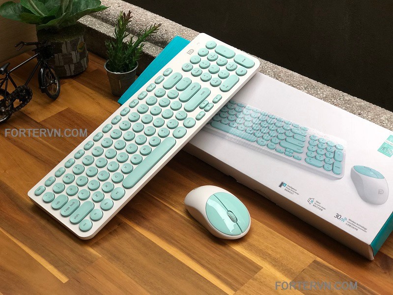 Bộ bàn phím chuột không dây Chính Hãng FORTER IK6630, Màu Xanh-Trắng