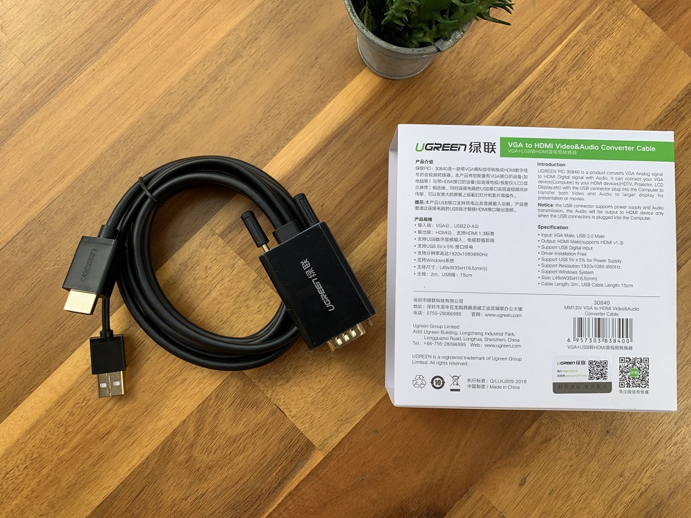 new - Cáp chuyển đổi VGA to HDMI+Audio dài 2m Ugreen 30840 cao cấp